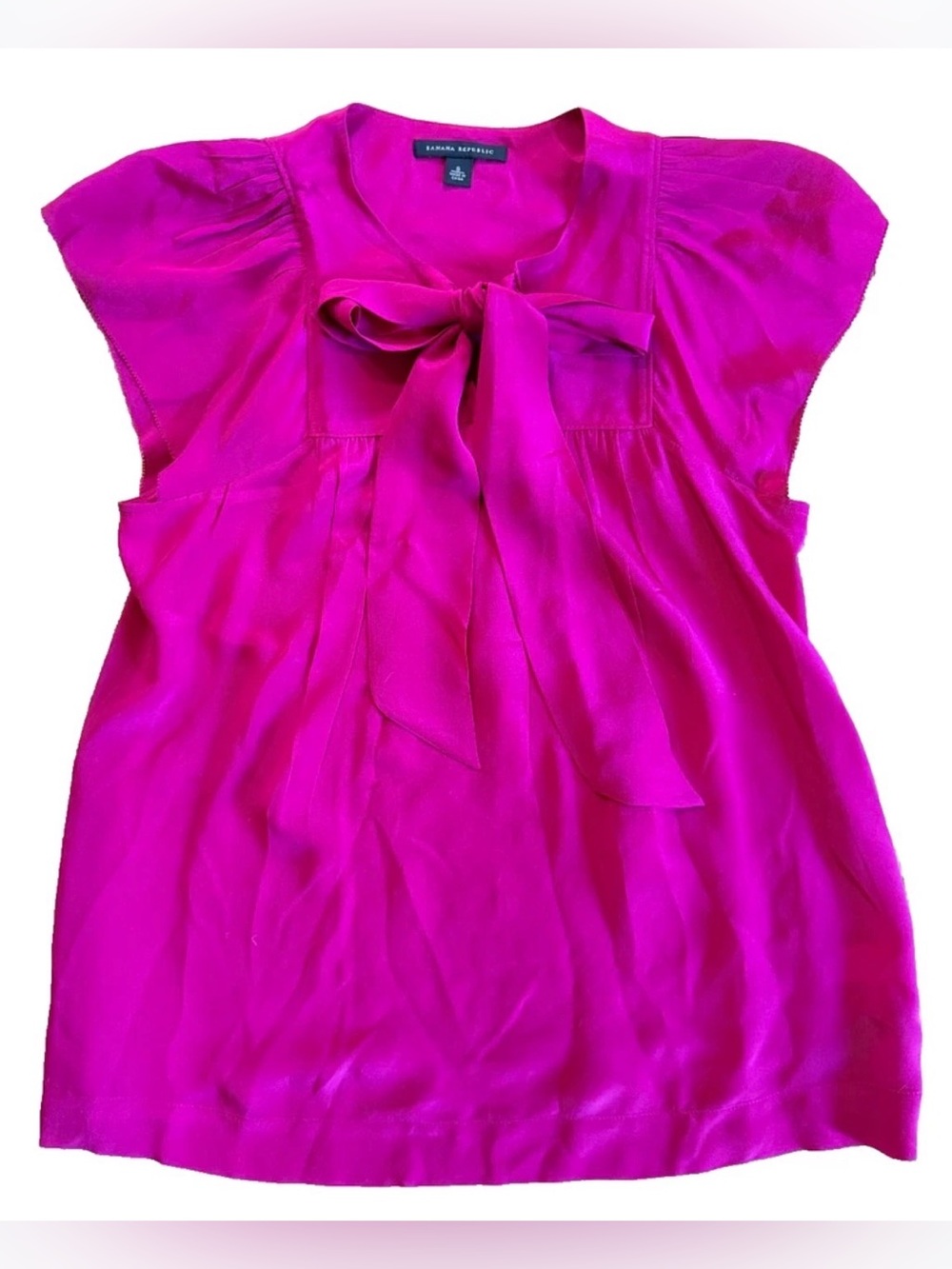 Banana Republic Fuchsia Tie-Neck 100% Silk Cap Sleeve Blouse